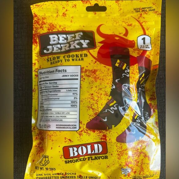 Beef Jerky Funny Men's Black and Red Novelty Crew Socks Great Gift One Size NEW - Picture 3 of 3